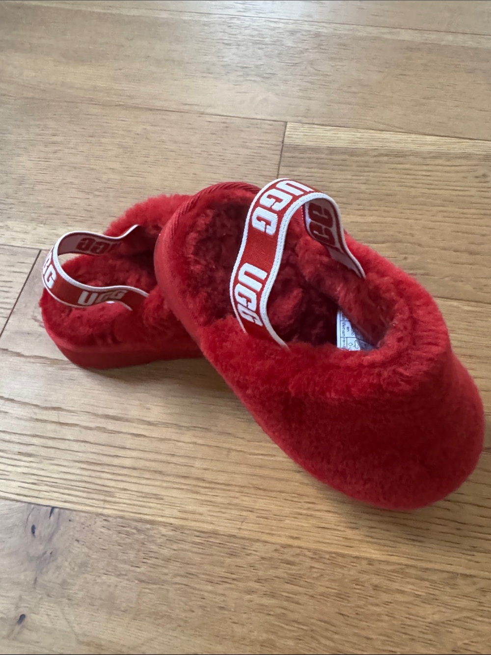 UGG Kids Bright Red Fluffy Slide Slippers with Branded Heel Strap